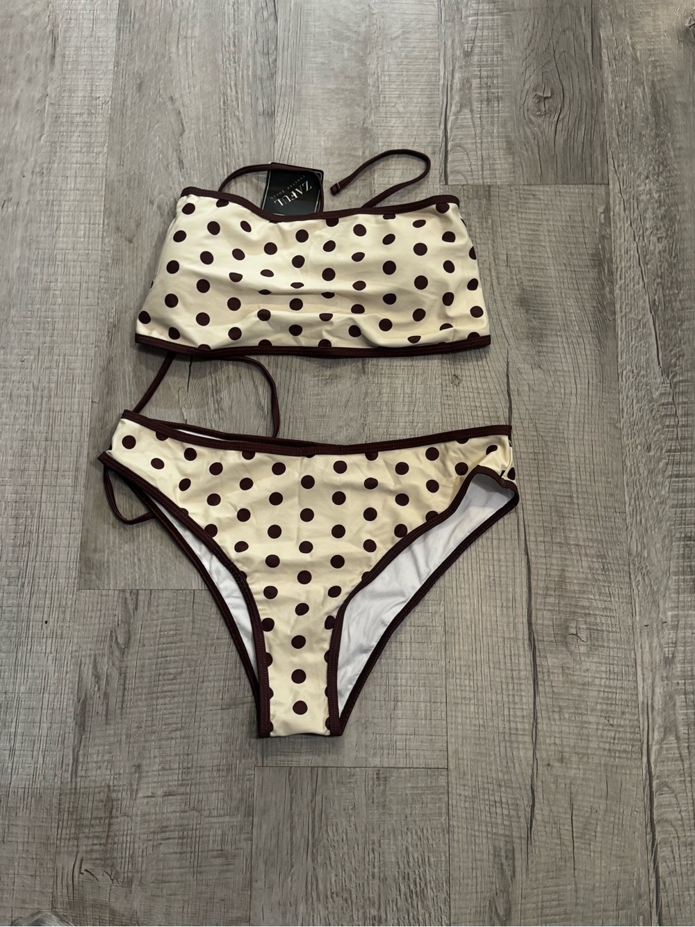 Zaful Cream Polka Dot Bandeau Bikini with Brown Trim